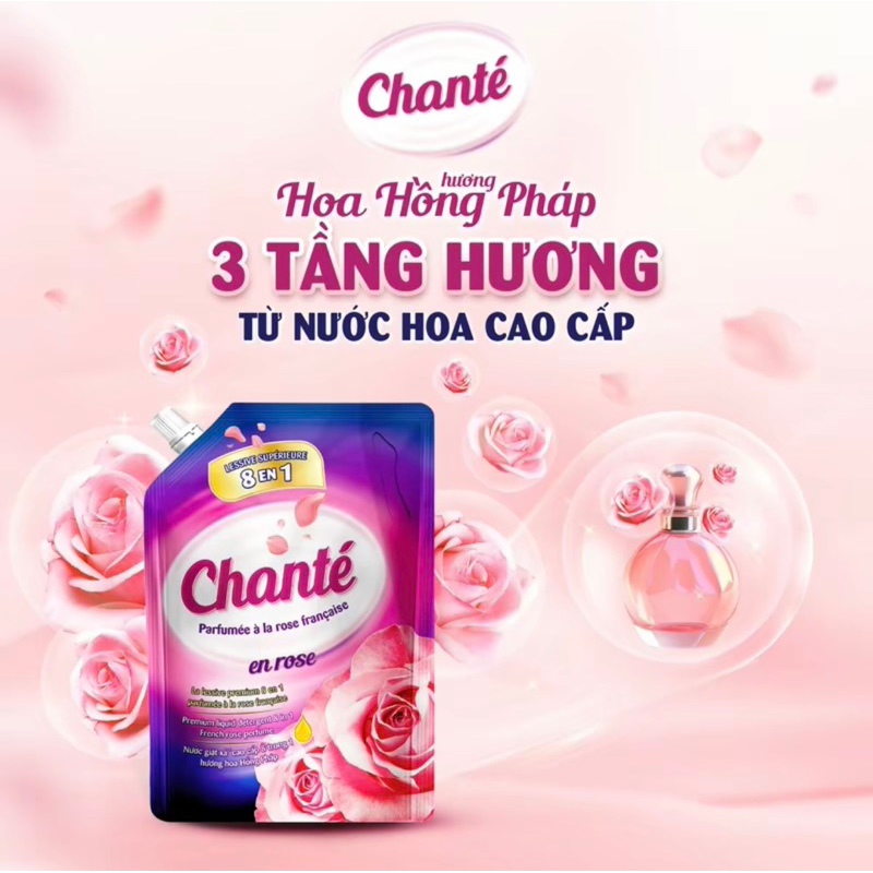 Túi Nước giặt xả 8 in1 Chante’ hương hoa hồng pháp 3,05kg