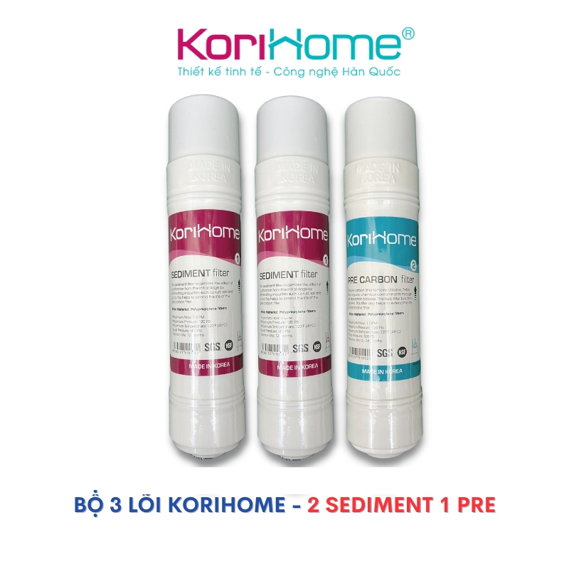 Bộ 3 lõi lọc nước Korihome gồm 2 Sediment, 1 Pre Carbon - Bộ lọc thô 123 Korihome hệ cắm nhanh 10"