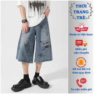 Quần short jeans Unisex dáng lửng wideleg ống rộng phối hình cá tính, Quần bò ngố nam nữ phong cách streetwear boy phố