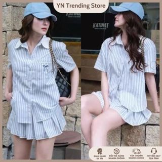 Set Bộ Nữ BigSize Set VÁY ÁO SƠ MI KẺ SỌC XANH NƠ THÊU + CHÂN VÁY CÓ QUẦN TRONG Chất Vải Linen Top Women