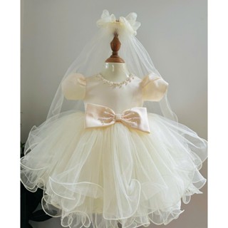 Váy Công Chúa Bé Gái, Đầm Dự Tiệc Tay Bồng Đính Cườm Chân Voan Xòe Kèm Lúp Cô Dâu Cho Bé Gái