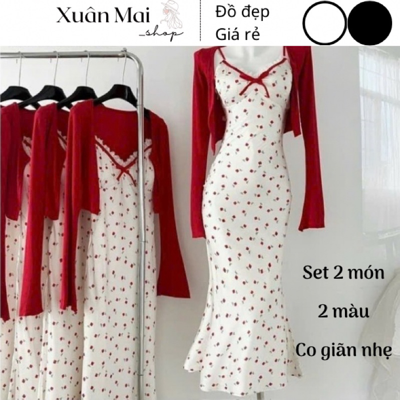 Set 2 món đầm 2 dây ôm body đuôi cá hoa nhí đính nơ kèm khoác tay dài 2 màu đen đỏ mặc đi chơi đi tiệc Noel Tết