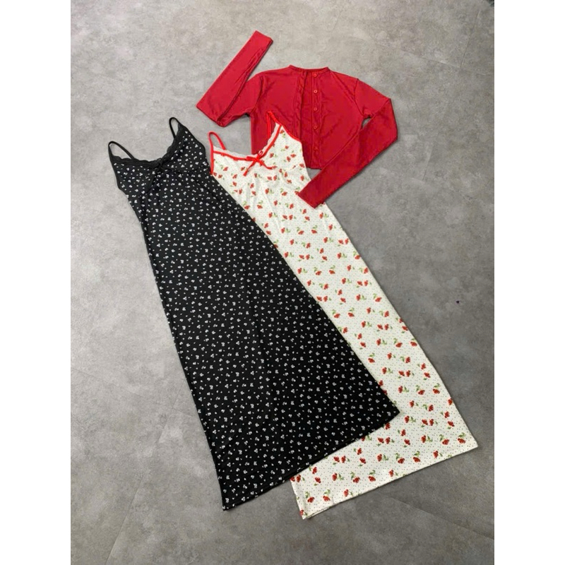 Set 2 món đầm 2 dây ôm body đuôi cá hoa nhí đính nơ kèm khoác tay dài 2 màu đen đỏ mặc đi chơi đi tiệc Noel Tết | BigBuy360 - bigbuy360.vn