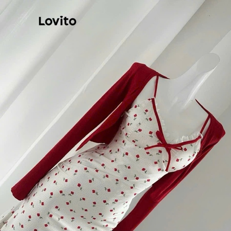 Set 2 món đầm 2 dây ôm body đuôi cá hoa nhí đính nơ kèm khoác tay dài 2 màu đen đỏ mặc đi chơi đi tiệc Noel Tết | BigBuy360 - bigbuy360.vn