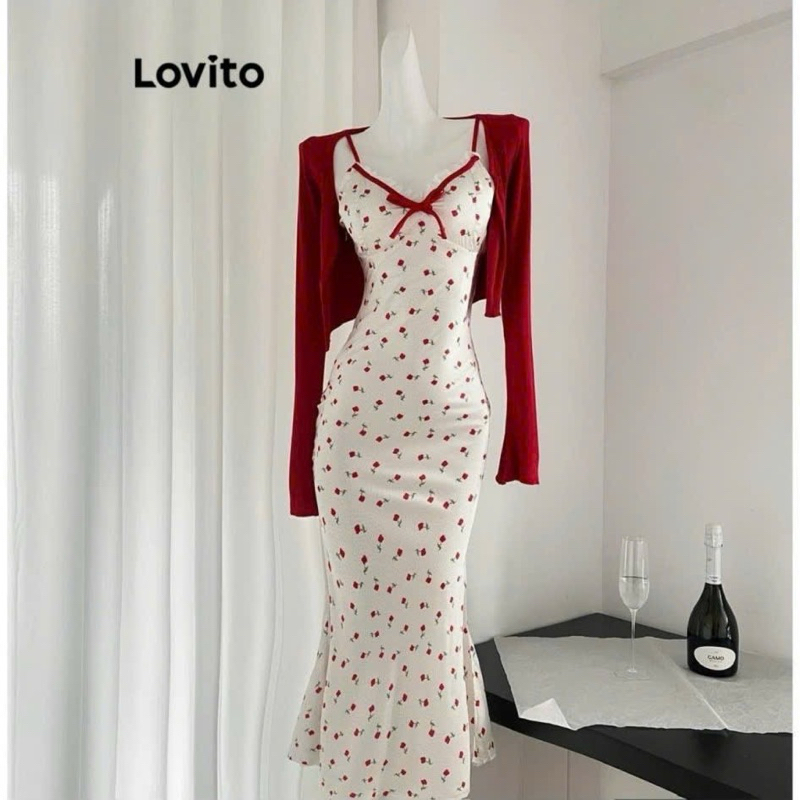 Set 2 món đầm 2 dây ôm body đuôi cá hoa nhí đính nơ kèm khoác tay dài 2 màu đen đỏ mặc đi chơi đi tiệc Noel Tết | BigBuy360 - bigbuy360.vn