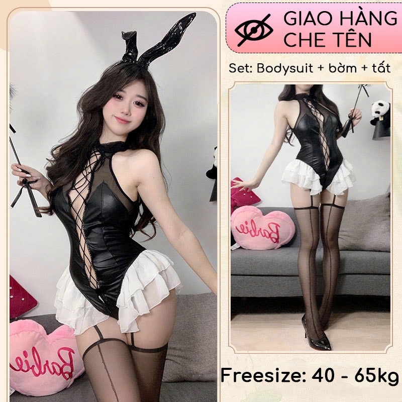 Set đồ ngủ da liền thân kèm tai thỏ tất đùi gợi cảm nữ | BigBuy360 - bigbuy360.vn