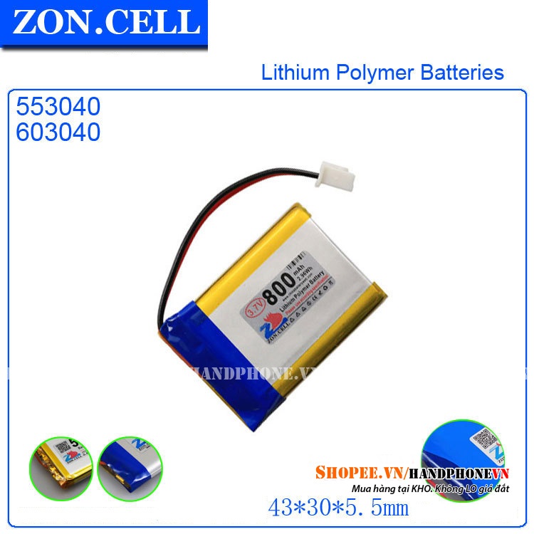Pin Li-Po ZonCell 3.7V 800mAh 603040 553040 503040