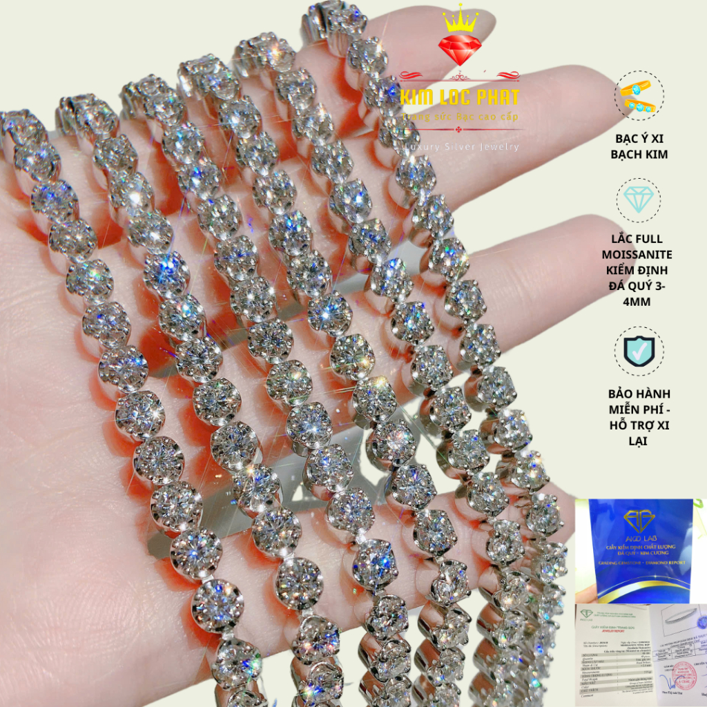 Lắc tay nữ đính full kim cương Moissanite có kiểm định, Lắc tay Nam full moissanite bạc xi bạch kim