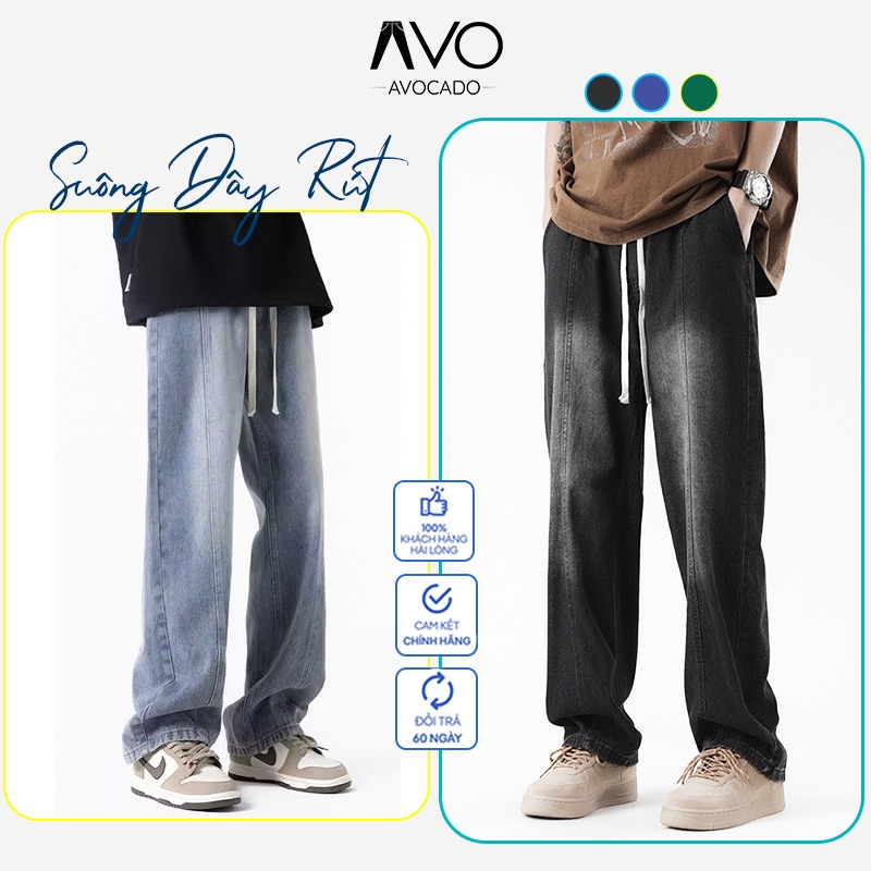Quần Bò Jean Nam Nữ Baggy Ống Suông Rộng Wash màu xanh đen dây rút Xịn Sò Hot Trend Avocado