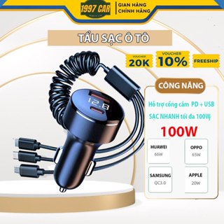 Tẩu Sạc Nhanh Ô Tô 100W 5 Trong 1, Tích Hợp Dây Sạc Lò Xo 3 Đầu Tiện Dụng