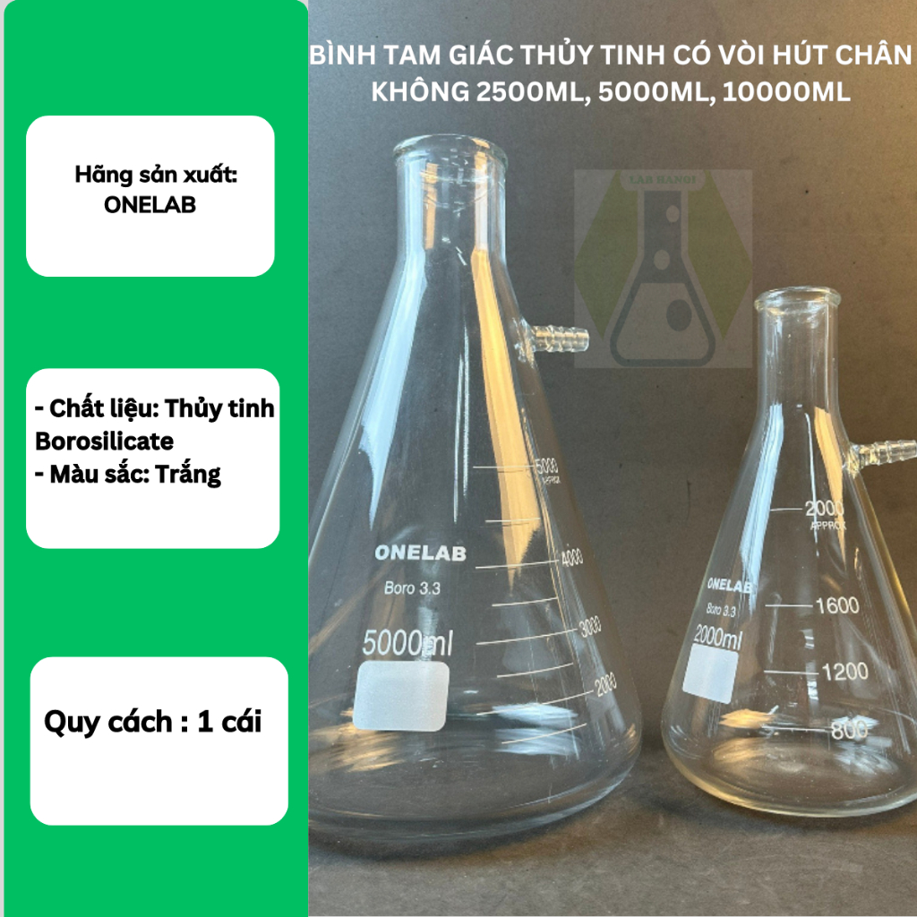 Bình Tam Giác Thủy Tinh Có Vòi Hút Chân Không 2500ml, 5000ml, 10000ml