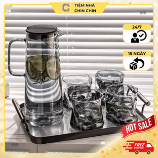 Bộ Cốc Bình Thuỷ Tinh Siêu Đẹp Họa Tiết Bình Trơn Cốc Xoắn Hàng Nhập Khẩu Cao Cấp Dung Tích 1500ml  M04