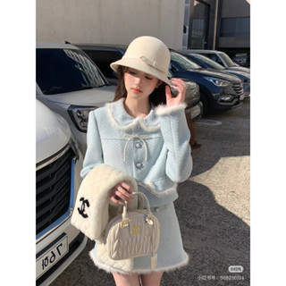 Set 2 món áo dạ ép + chân váy chữ A thắt nơ viền lông xanh dương baby phong cách Hàn Quốc