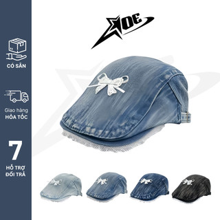 (Có sẵn) AOE STUDIO - Mũ nồi Beret Y2K cao cấp chất nón demin phối ren đính nơ phong cách Hàn Quốc dễ thương dành cho nữ