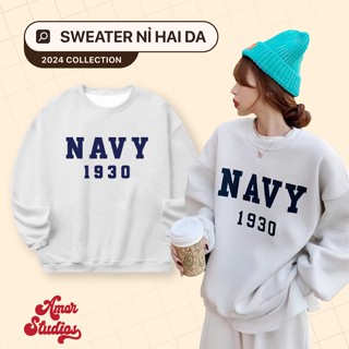 Áo sweater chữ NAVY nỉ hai da ép Hàn màu tiêu sáng AMOR STUDIO nam nữ mặc được có size tới 85kg