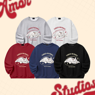 Áo sweater nỉ hai da ép Hàn TIRED BUNNY unisex màu tiêu sáng AMOR STUDIO nam nữ mặc được có size tới 85kg