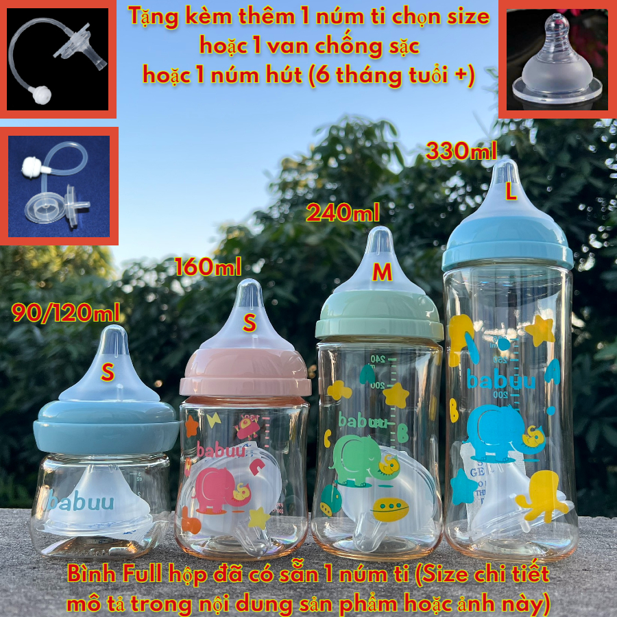 Bình Sữa Cổ Rộng Ppsu Babuu Baby Dung Tích 90, 120, 160, 240, 300Ml (Tặng Kèm 1 Núm Ti Hoặc 1 Núm Hút/Van Chống Sặc)