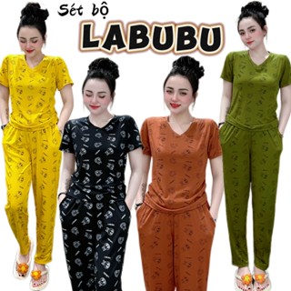 Set đồ bộ mặc nhà thun gân form quần beggy, áo cổ tim, tay áo cộc. Họa tiết ép nhiệt dễ thương TK928