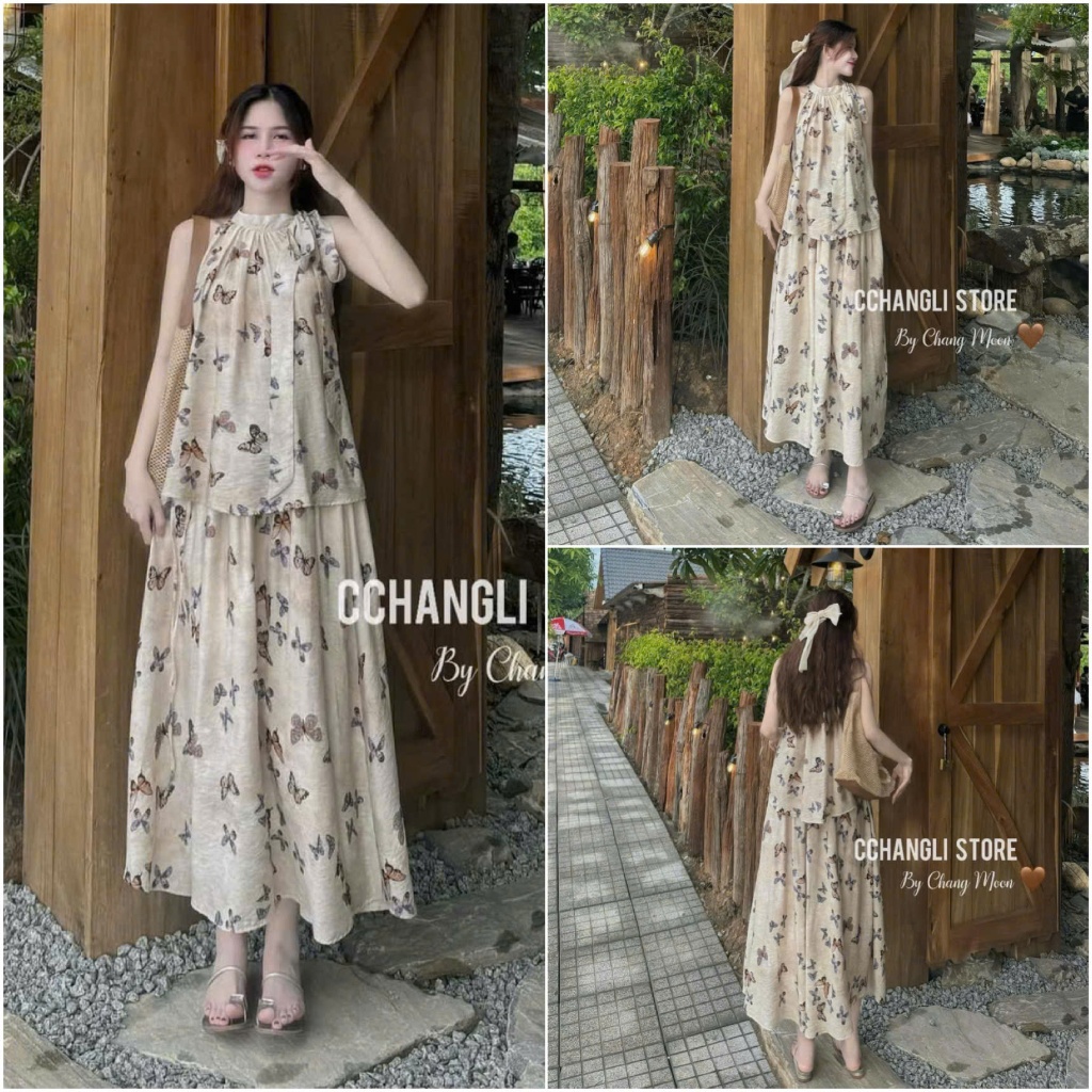 Sét đầm váy nữ áo cổ yếm buộc nơ mix chân váy xòe dai họa tiết dễ thương dành cho các nàng diện đi biển, đi chơi xinh.