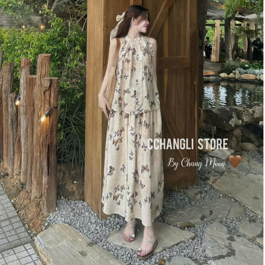 Sét đầm váy nữ áo cổ yếm buộc nơ mix chân váy xòe dai họa tiết dễ thương dành cho các nàng diện đi biển, đi chơi xinh. | BigBuy360 - bigbuy360.vn