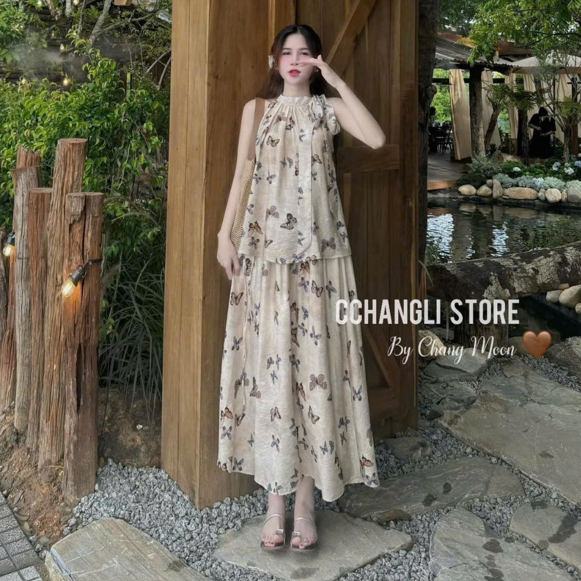 Sét đầm váy nữ áo cổ yếm buộc nơ mix chân váy xòe dai họa tiết dễ thương dành cho các nàng diện đi biển, đi chơi xinh. | BigBuy360 - bigbuy360.vn