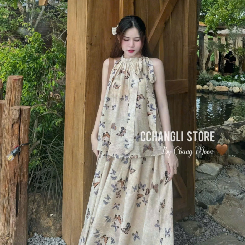 Sét đầm váy nữ áo cổ yếm buộc nơ mix chân váy xòe dai họa tiết dễ thương dành cho các nàng diện đi biển, đi chơi xinh. | BigBuy360 - bigbuy360.vn