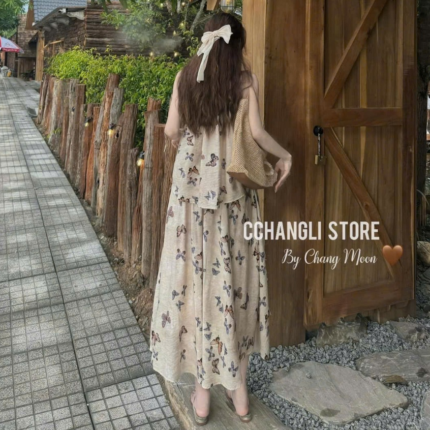 Sét đầm váy nữ áo cổ yếm buộc nơ mix chân váy xòe dai họa tiết dễ thương dành cho các nàng diện đi biển, đi chơi xinh. | BigBuy360 - bigbuy360.vn