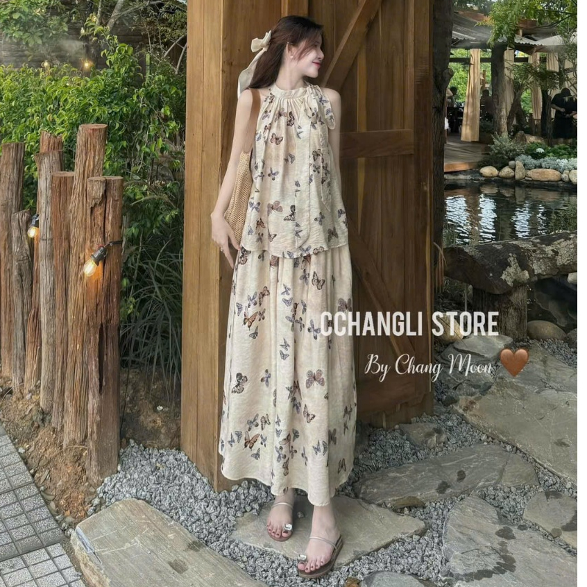 Sét đầm váy nữ áo cổ yếm buộc nơ mix chân váy xòe dai họa tiết dễ thương dành cho các nàng diện đi biển, đi chơi xinh. | BigBuy360 - bigbuy360.vn