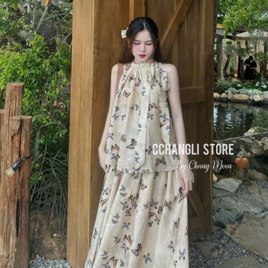 Sét đầm váy nữ áo cổ yếm buộc nơ mix chân váy xòe dai họa tiết dễ thương dành cho các nàng diện đi biển, đi chơi xinh. | BigBuy360 - bigbuy360.vn