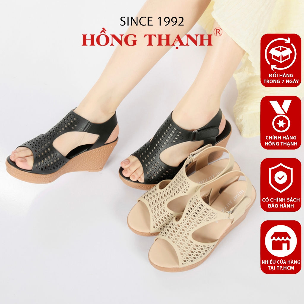 HỒNG THẠNH - Sandal Xuồng Cao 7P 2 Màu Đen & Kem Chất Da Microfiber Mềm - 7105