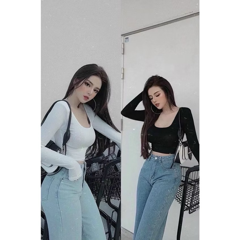 HV - Áo thun dài tay Croptop Tay Cổ U, Chất Borip Dày Mịn, Thoáng Mát,Ảnh Thật | BigBuy360 - bigbuy360.vn