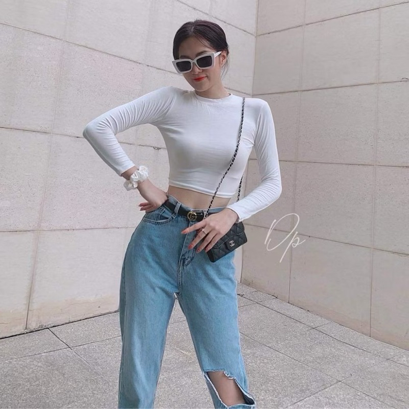 HV - Áo thun dài tay Croptop Tay Cổ U, Chất Borip Dày Mịn, Thoáng Mát,Ảnh Thật | BigBuy360 - bigbuy360.vn