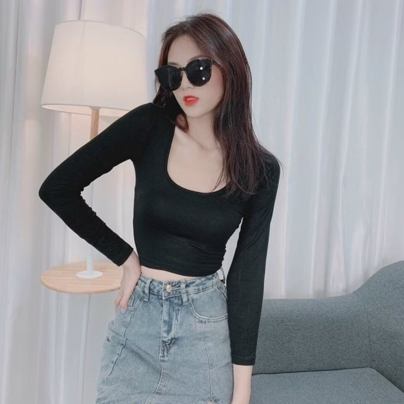 HV - Áo thun dài tay Croptop Tay Cổ U, Chất Borip Dày Mịn, Thoáng Mát,Ảnh Thật | BigBuy360 - bigbuy360.vn