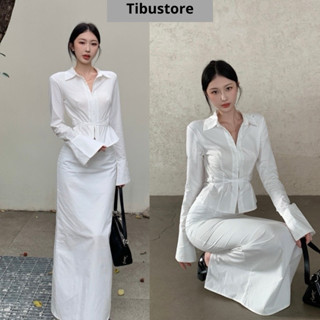 Set Áo Tay Dài Đan Chéo Eo Phối Chân Váy Dài TIBU Set Đồ Nữ Sang Chảnh Đơn Giản Đi Chơi Dạo Phố Tôn Dáng S41