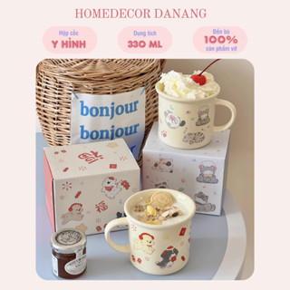 [Kèm hộp+túi+thiệp] Cốc sứ tráng men hoạt hình cún con, mèo con joyful with music, ly sứ tặng bạn bè