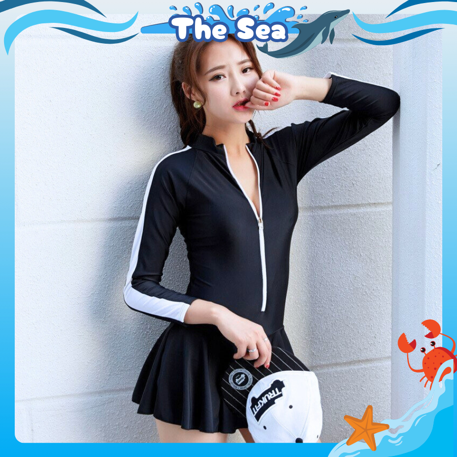 Đồ bơi nữ liền thân bikini 1 mảnh dáng váy xòe phối đường sọc trắng tay áo dài có khóa kéo kín đáo T