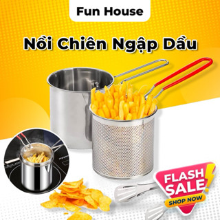 Bộ Nồi Chiên Ngập Dầu mini Dáng Dài Kèm Rổ Chiên Lọc Dầu Inox 2in1 Chống Rỉ Tiện Lợi Nấu Được Bếp Từ 1200ml