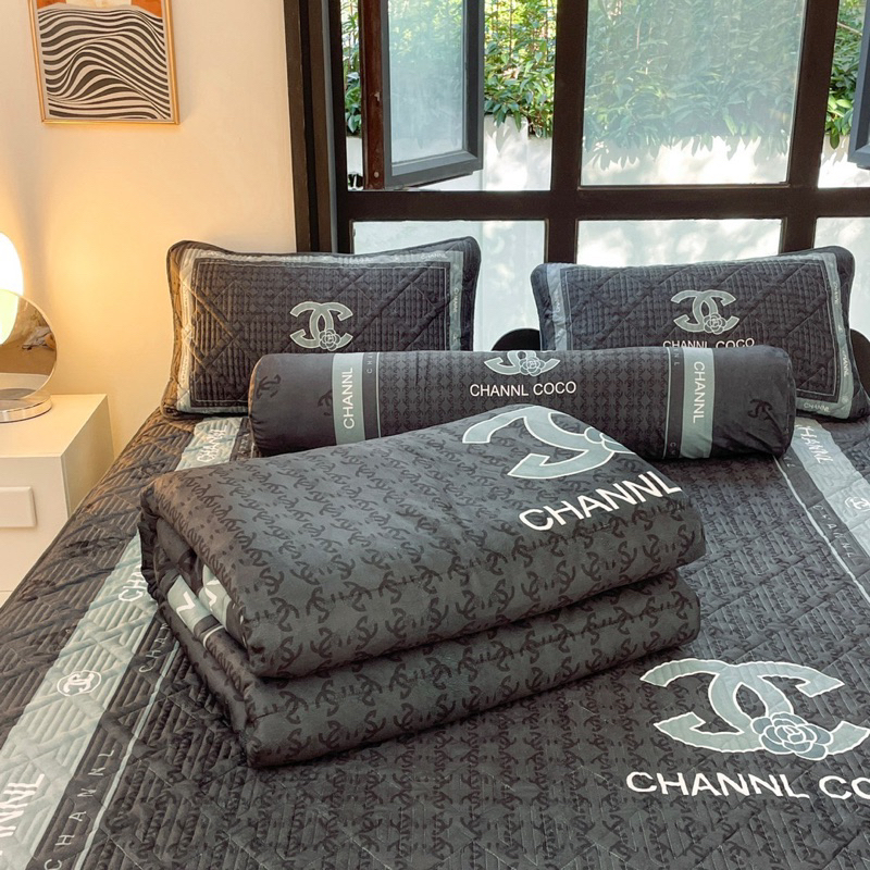 set chăn ga gối nỉ trần bông COCO chanel cao cấp set 5 món chăn trần bông dày dặn