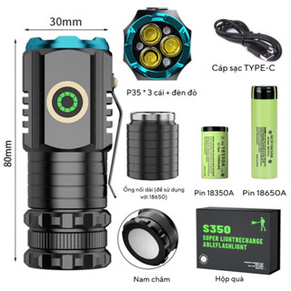 Đèn pin mini cầm tay siêu nhỏ siêu sáng tỏa S450X vỏ nhôm, chống nước IPX7, có móc gài, nam châm tiện dụng