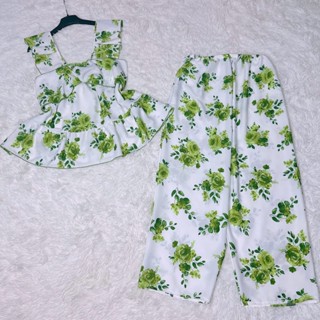  Freesize  65Kg - 90Kg  Set Bộ Nữ Vải Lụa Mango Họa Tiết 2 Dây Cánh Tiên Phối Nơ Không Mút Có Tăng Đưa Quần Ống Rộng 