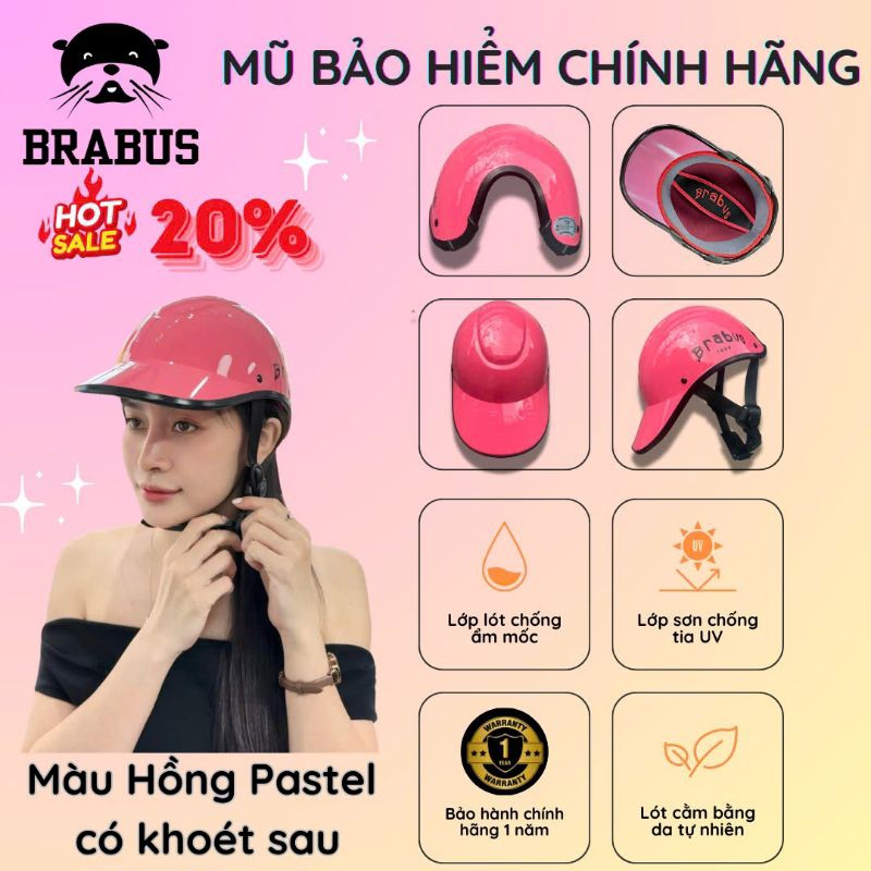 Mũ bảo hiểm BRABUS chính hãng màu hồng pastel, mũ bảo hiểm khoét gáy cho nữ