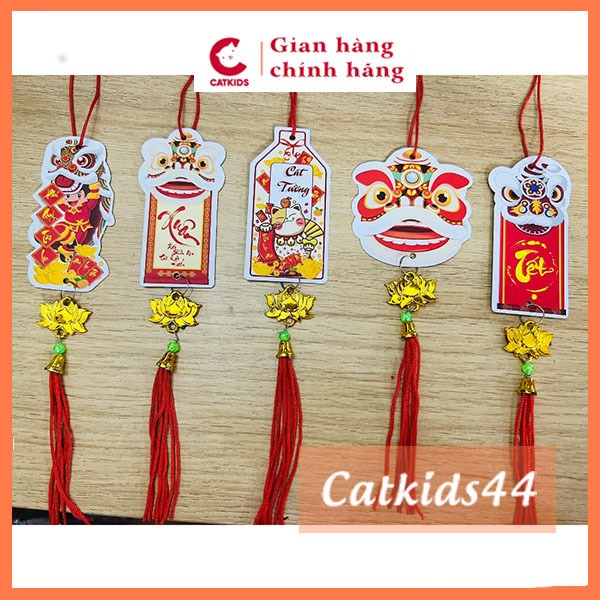 Set 5 thẻ treo Tết hình đầu lân, khánh liễn trang Trí Tết, tem treo cây đào cây mai Tết