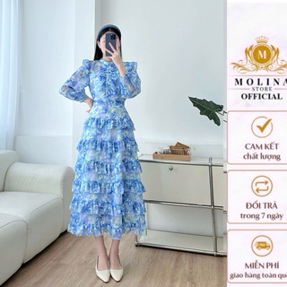 Đầm xòe hoa phối bèo tầng thiết kế Molina với hoạ tiết hoa rất xinh và nổi bật