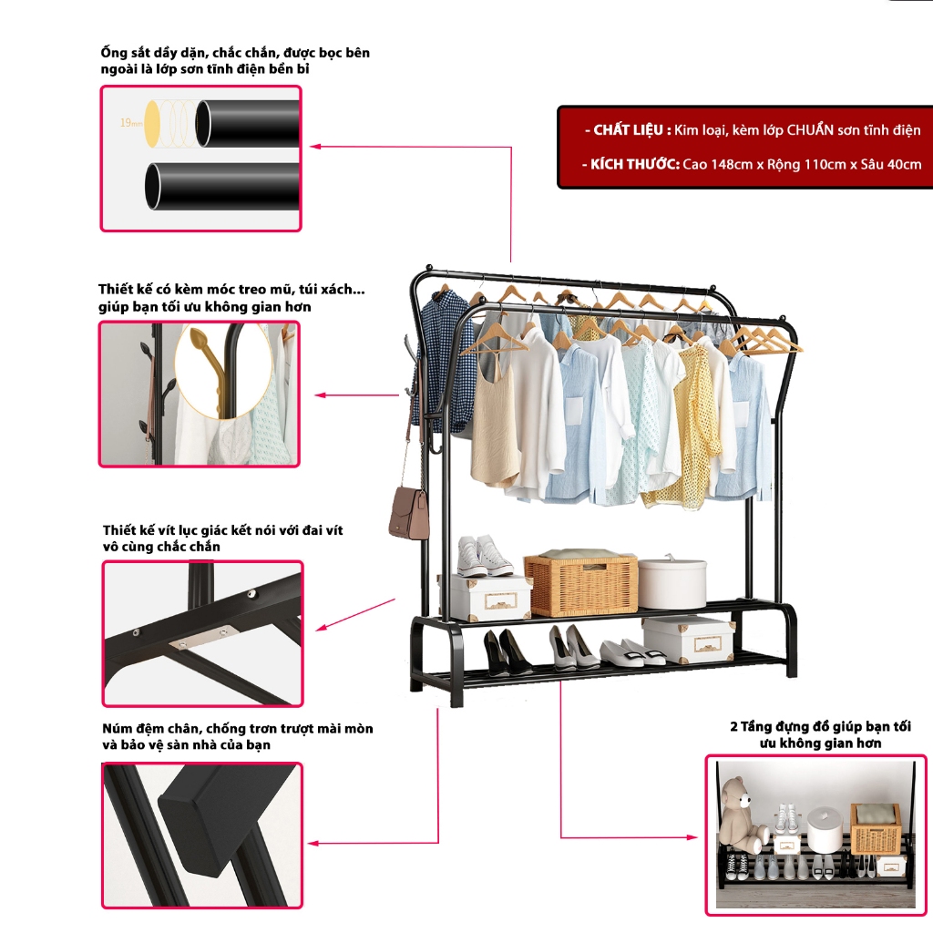 Giá Treo Quần Áo Bằng Sắt BELLEVIE Kệ Treo Quần Áo Bằng Sắt Sơn Tĩnh Điện Chắc Chắn Dễ Lắp Ráp | BigBuy360 - bigbuy360.vn