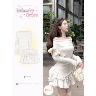 INTHESKY | VIDEO THẬT SHOP QUAY - Set Áo Len Trễ Vai Trắng Sữa Dài Tay Thắt Nơ Basic Phối Chân Váy Xòe Xếp Tầng Mùa Đông