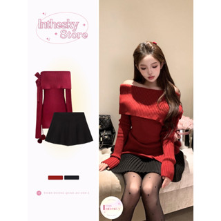 INTHESKY | VIDEO THẬT SHOP QUAY -  Set Áo Len Trễ Vai Đỏ Dài Tay Thắt Nơ Basic, Chân Váy Xếp Ly Đen Mùa Đông Bánh Bèo