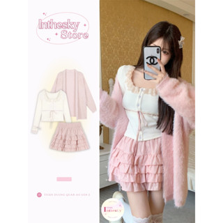 INTHESKY | Set Đồ Nữ Tính Áo Khoác Lông Cardigan Kèm Áo Cổ Bèo Thắt Nơ Phối Chân Váy Hồng Dáng Xòe Bánh Bèo Đáng Yêu