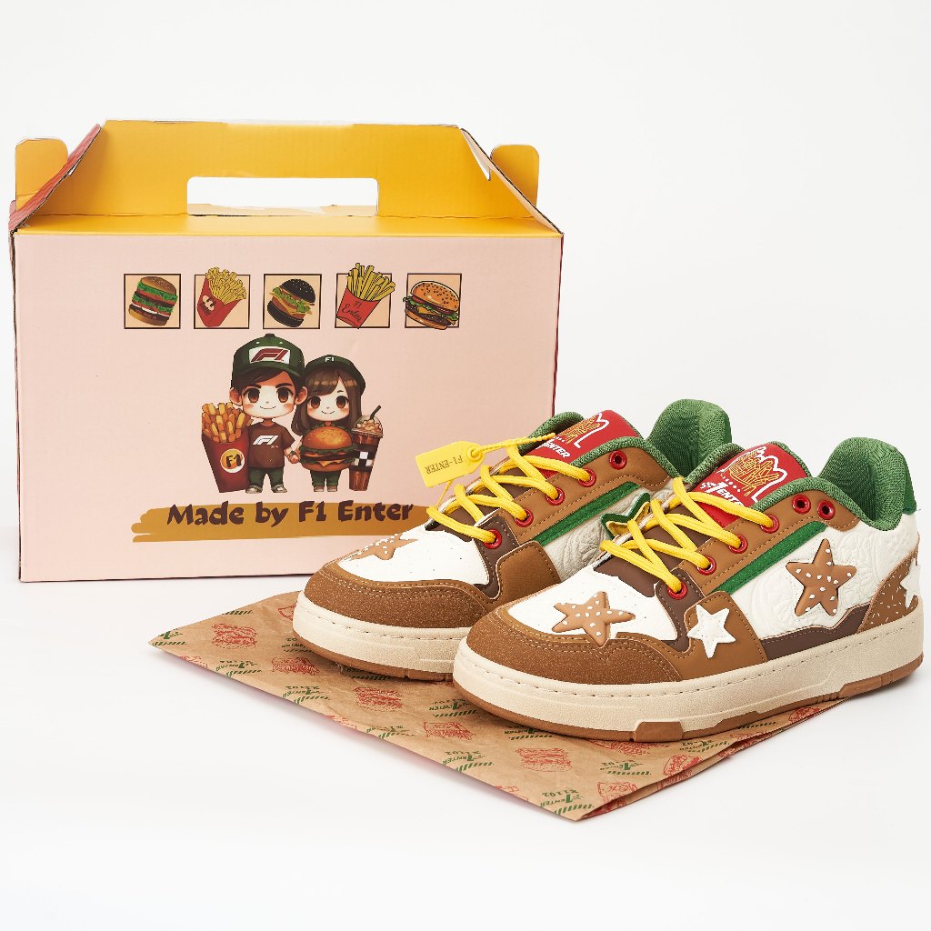 ( Hộp bánh + giấy bọc ) Giày thể thao sneaker nam nữ Unisex humburger 2 made by F1 Enter