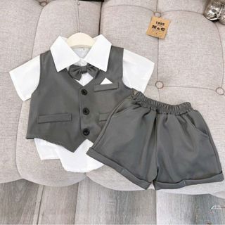  Set vest bé trai - Bộ công tử 4 món cho bé trai đi học đi chơi dự tiệc - Bộ Gile sơmi cộc style Hàn quốc size 7-23 Kg 