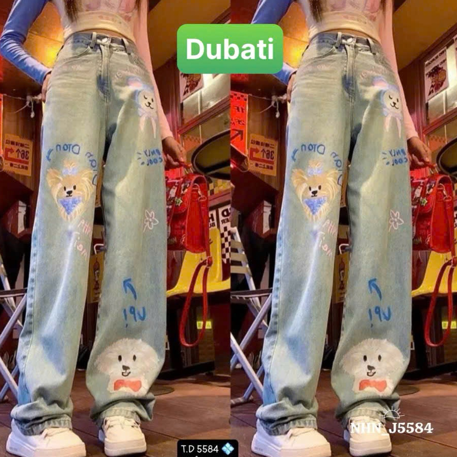 QUẦN JEAN NỮ BAGGY ỐNG SUÔNG RỘNG LƯNG CẠP CAO IN HÌNH GẤU PHONG CÁCH SANG CHẢNH - DUBATI FASHION